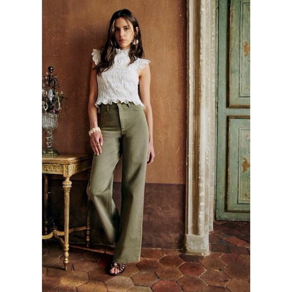 $160 Sezane Wide Leg Denim Pants Olive Green EU 40/ US 8